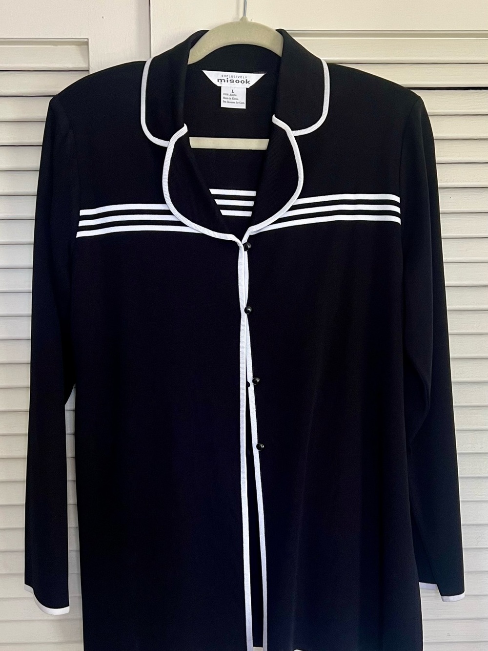 Misook Black Cardigan with White Piping and Stripes